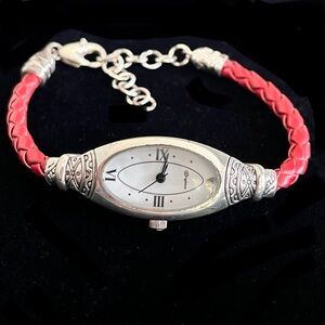 Brighton ‘New York’ Red Braided Leather and Silvertone Oval Adjustable Watch